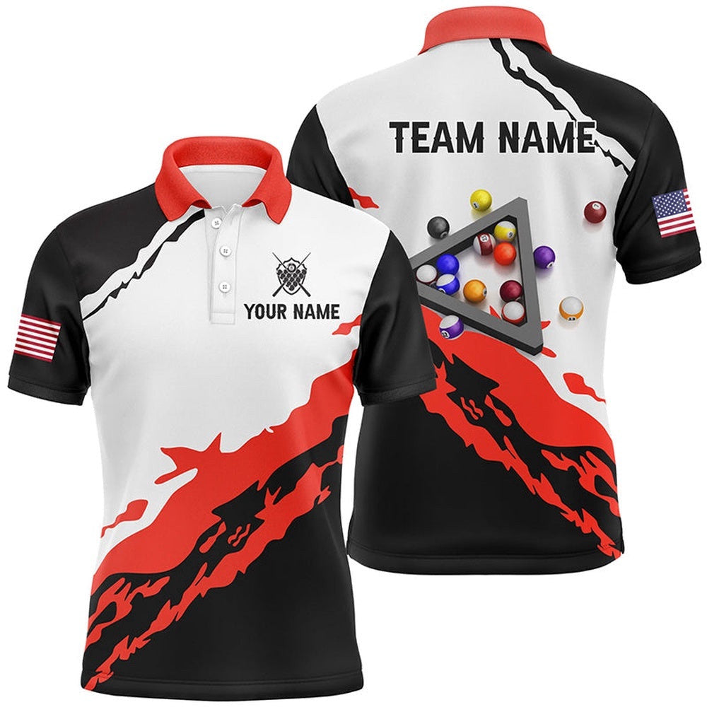 3D Black Red Billiard Balls Polo Shirts Custom Team Name Billiard Polo, Personalized Billiard Polo Shirt