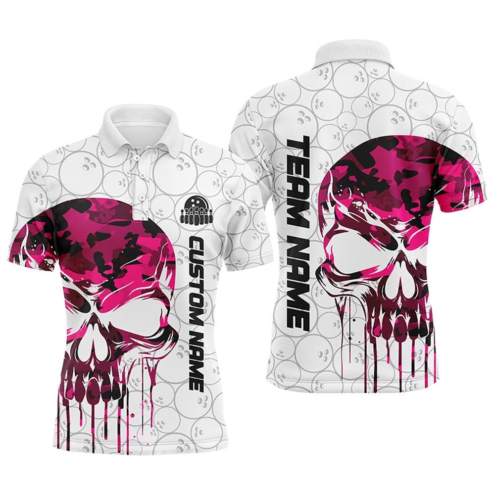 Custom Pink Camo Skull Bowling Polo Shirts Men Team Bowling Polo Shirt Bowling League Outfit, Personalized Bowling Team Shirt