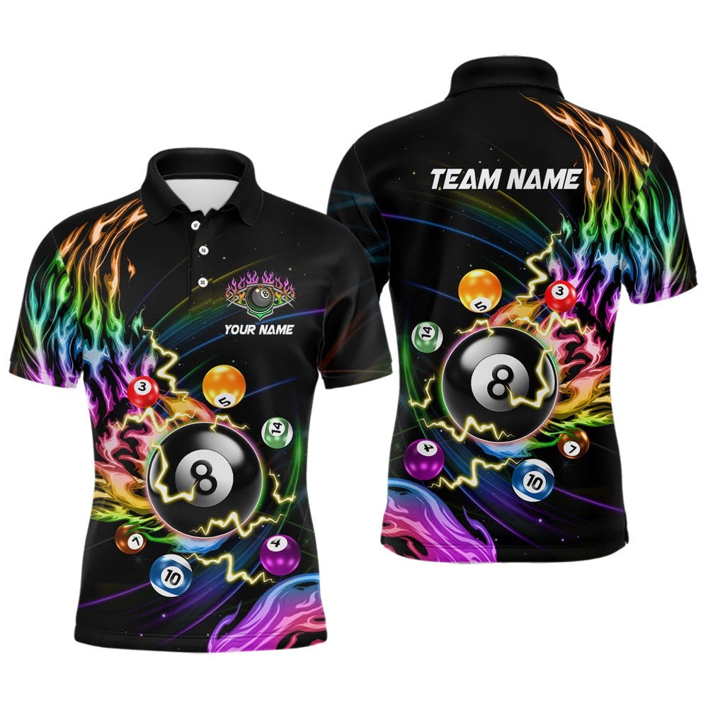 3D Billiard Balls Colorful Fire Pool Shirts Custom Lightning Billiard Polo, Personalized Billiard Polo Shirt