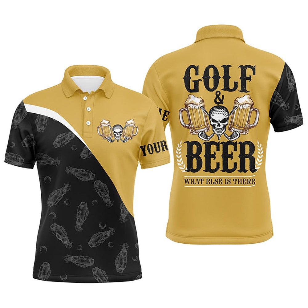 Black Yellow Men's Golf Polos Shirts Custom Skull Golf And Beer What Else Is There, Golf Shirts For Men, Golf Polo Shirt, Golf Shirts