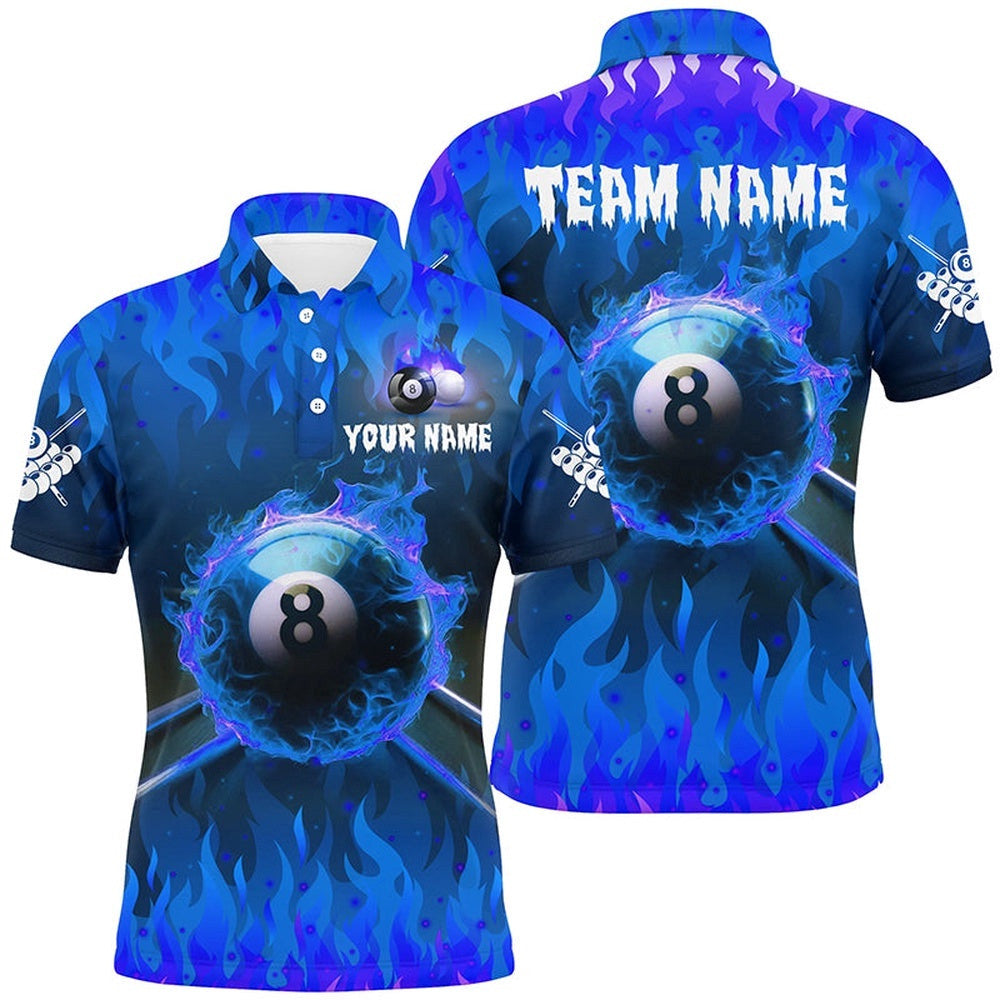 3D 8 Ball Pool &Cue Fire Polo Shirts Custom Billiard Apparel Polo�Blue, Personalized Billiard Polo Shirt