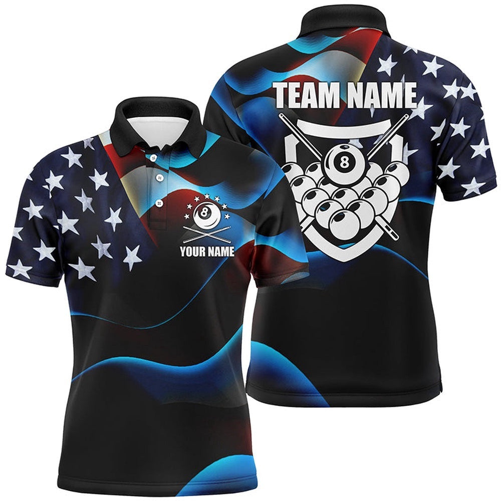 3D US Flag 8 Ball Pool Polo Shirts, Custom Name Billiard 8 Ball Team Polo, Personalized Billiard Polo Shirt
