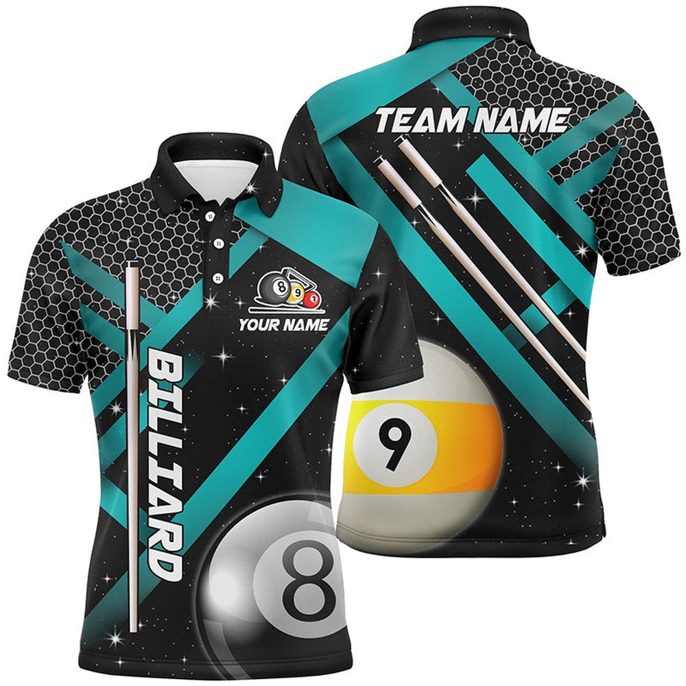 Black Polo Billiard 8 Ball & 9 Ball Pool Shirts Custom Unique Billiard Uniform Turquoise, Personalized Billiard Polo Shirt