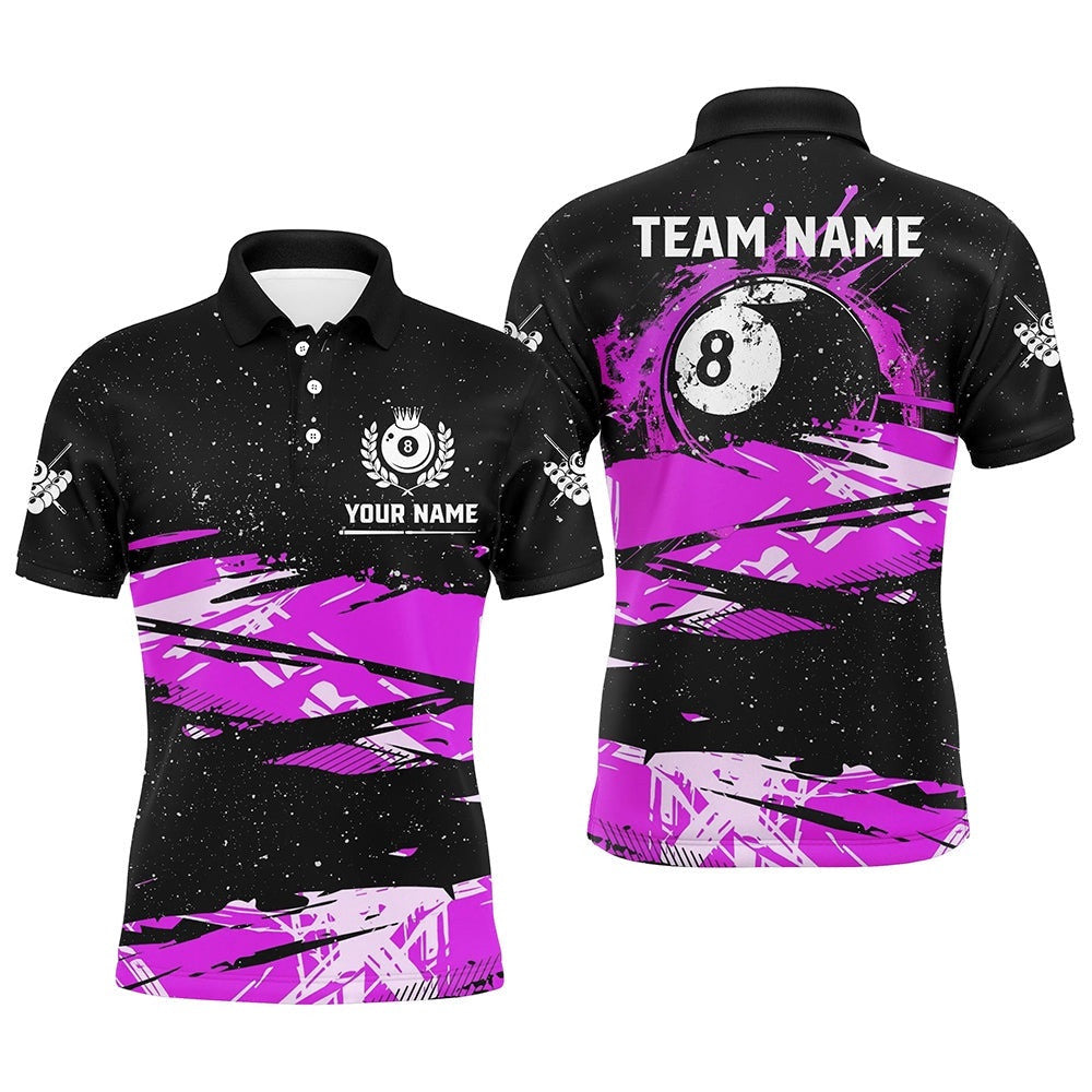 Custom Purple Grunge Billiard 8 Ball Polo Shirts, Billiard Pool Player Gift, Personalized Billiard Polo Shirt