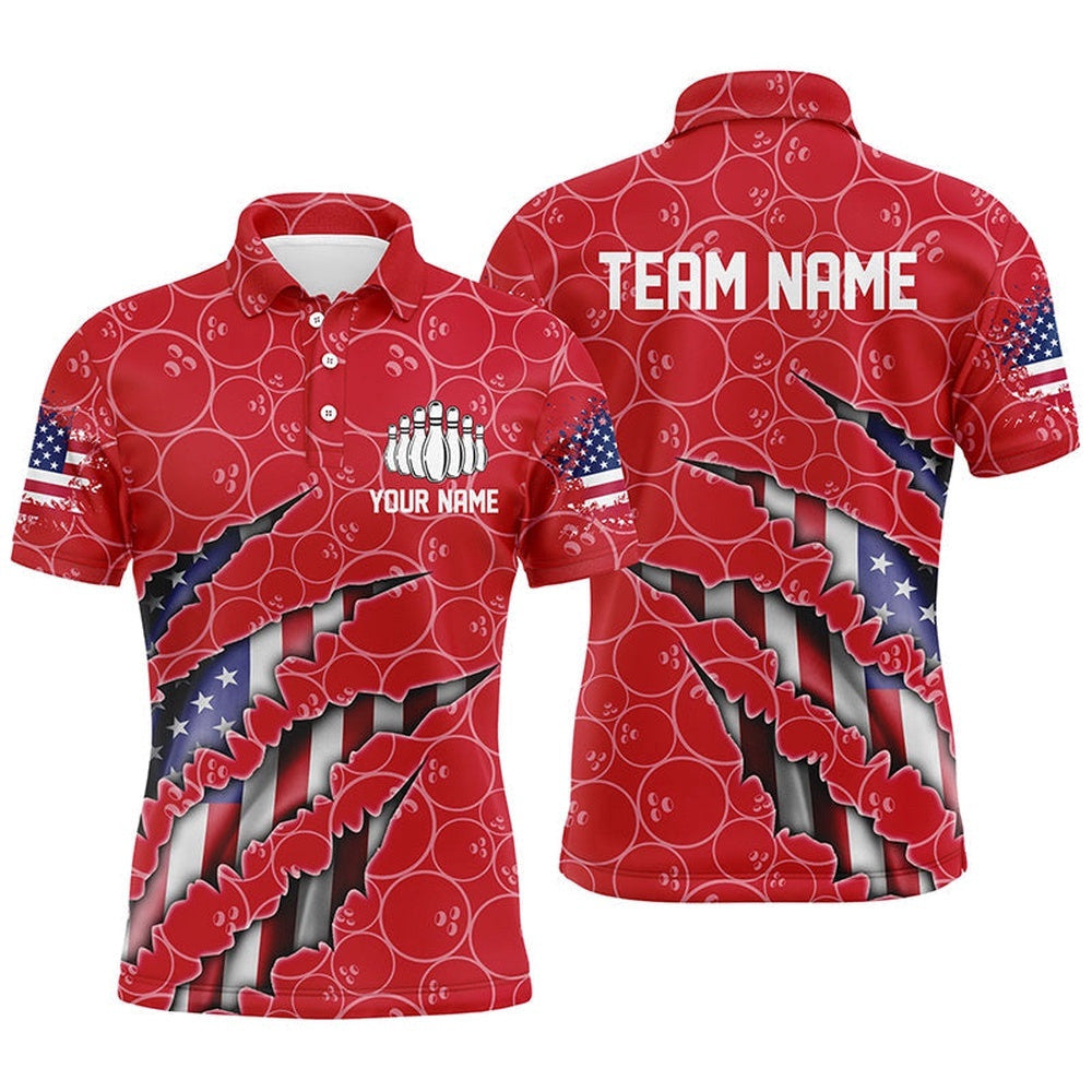 Custom Patriotic Bowling Shirts For Men, American Flag Bowling Uniform Bowlers Outfit Red, Personalized Bowling Team Shirt