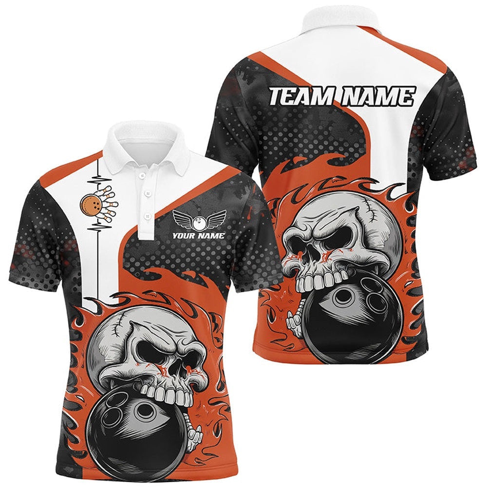 Custom Orange Flame Skull Bowling Shirts, Bowling Team Polo Shirt For Men Outfit Bowling, Personalized Bowling Team Shirt
