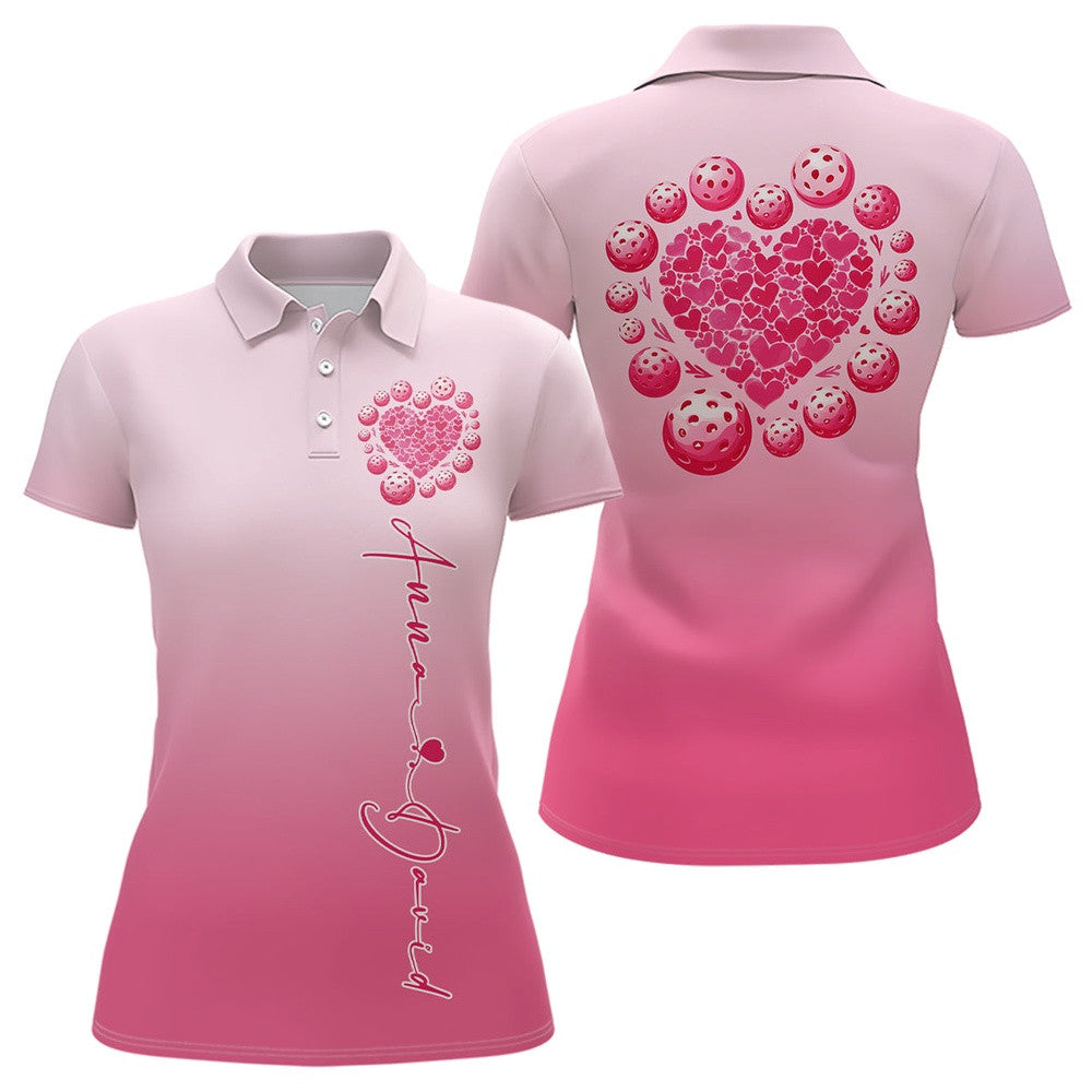 Custom Pink Heart Pickleball Polo Shirts For Women, Valentines Pickleball Couple Shirts, Pickleball Polo Shirts