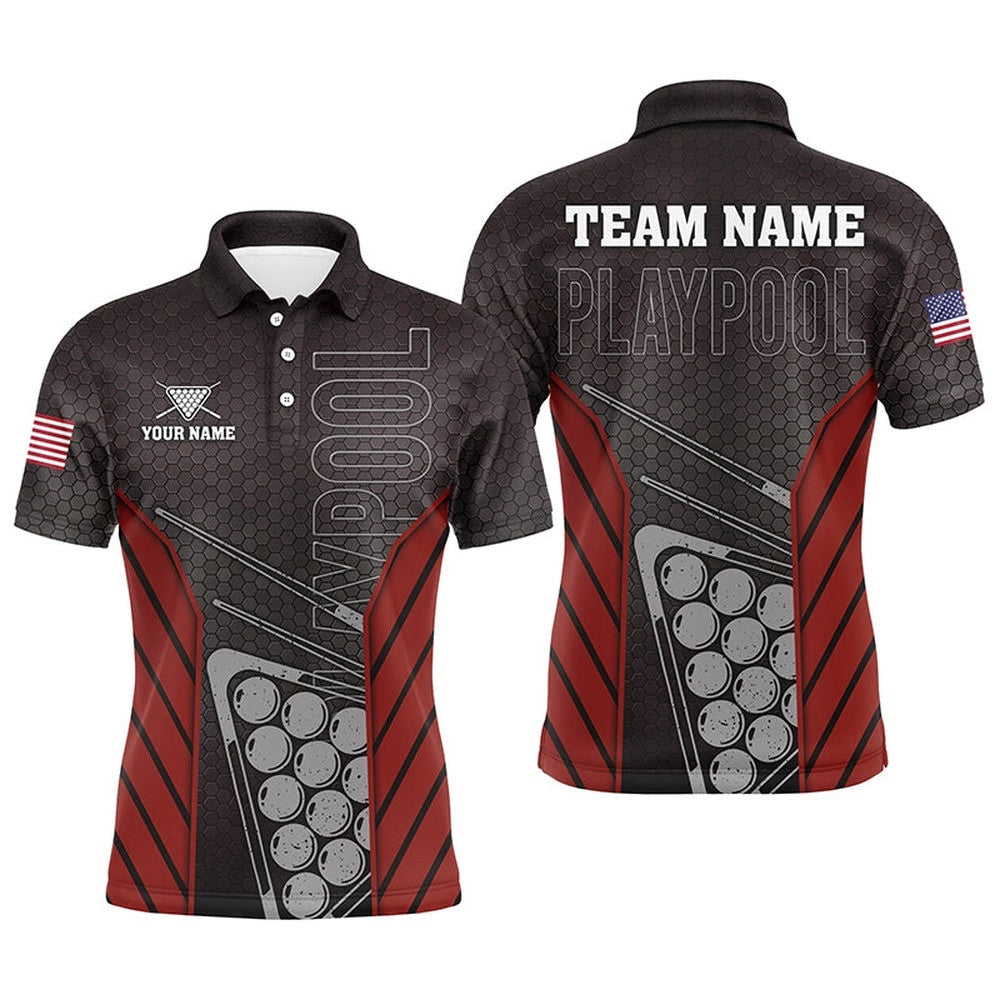 Black Red Billiard Play Pool Custom Name Polo Shirts, Pool Player Gifts, Personalized Billiard Polo Shirt