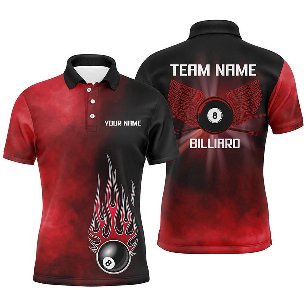 Black Red Flame 8 Ball Pool Polo Shirts, Custom Billiard 8 Ball Wing Polo, Personalized Billiard Polo Shirt