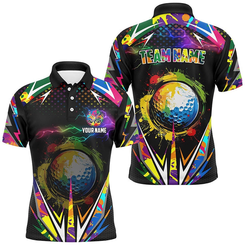 Black Men's Golf Polo Shirts Custom Colorful Lightning Team Golf Jerseys, Golf Attire For Men, Golf Polo Shirt, Golf Shirts