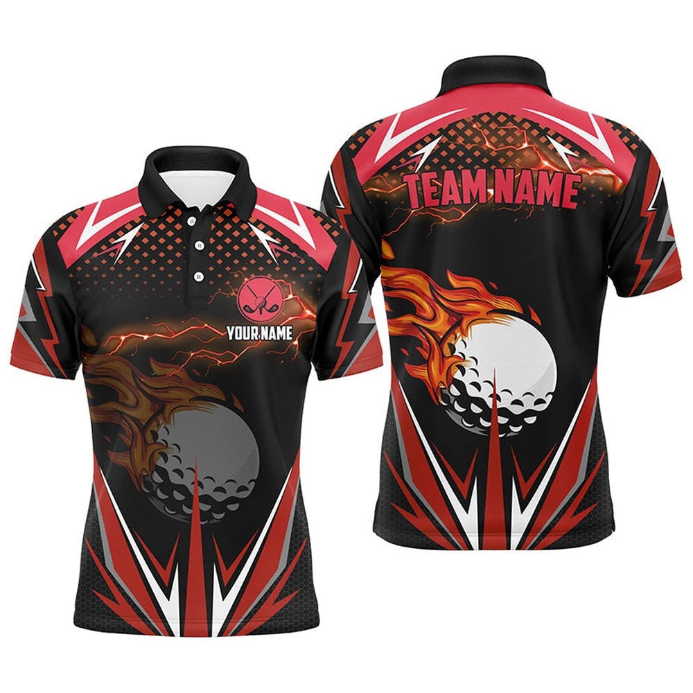 Black Men's Golf Polo Shirts Custom Red Fire Lightning Team Golf Jerseys, Golf Attire For Men, Golf Polo Shirt, Golf Shirts