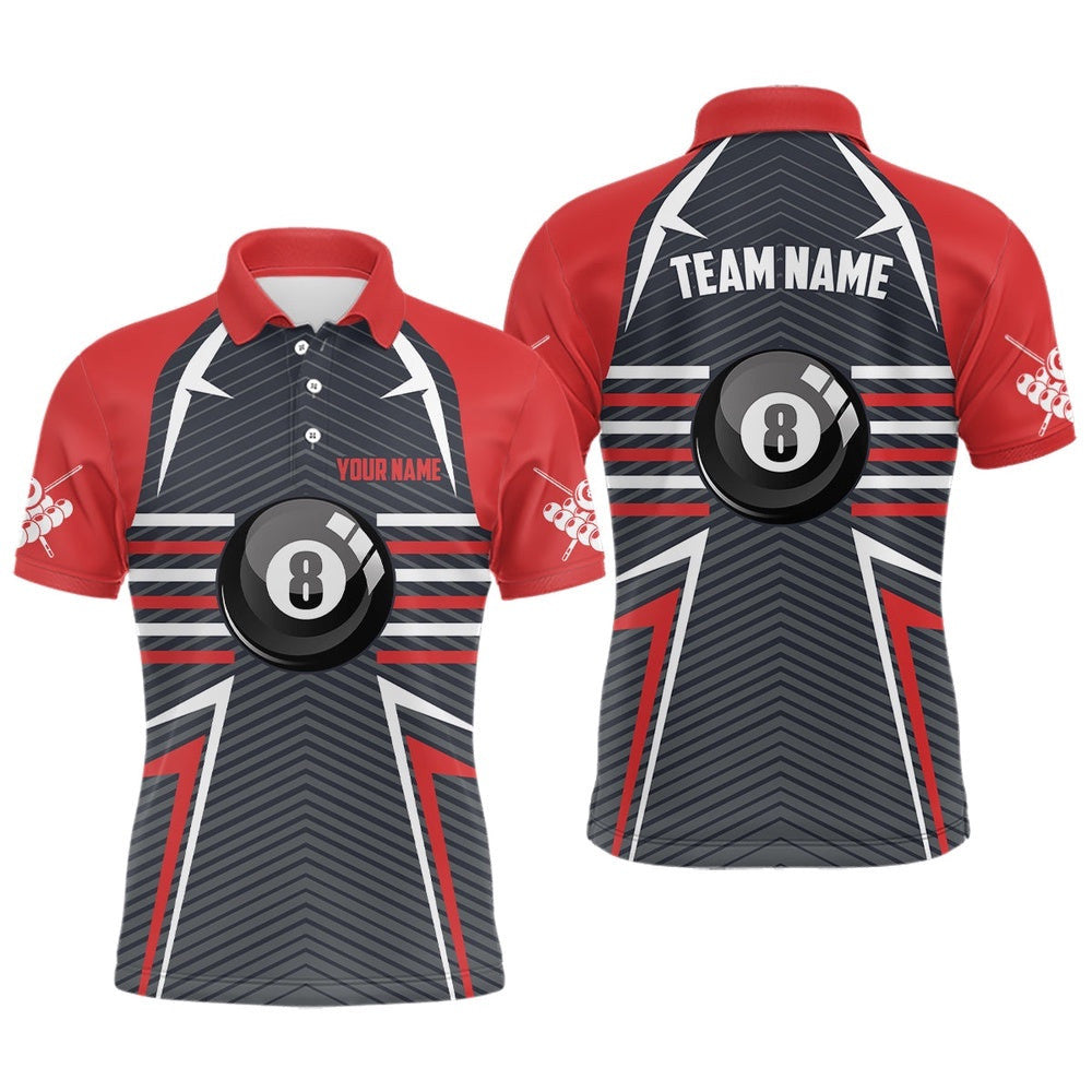 8 Ball Billiards Red Grey Polo Shirts, Custom Name Pool Billiard Polo, Personalized Billiard Polo Shirt
