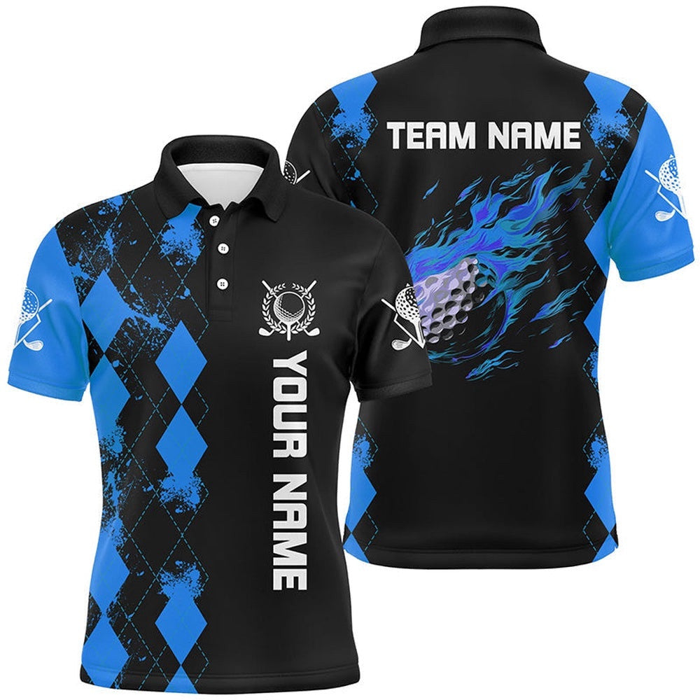 Black Men's Golf Polo Shirts Custom Blue Argyle Pattern Flame Golf Ball Golf Tops For Men's, Golf Polo Shirt, Golf Shirts