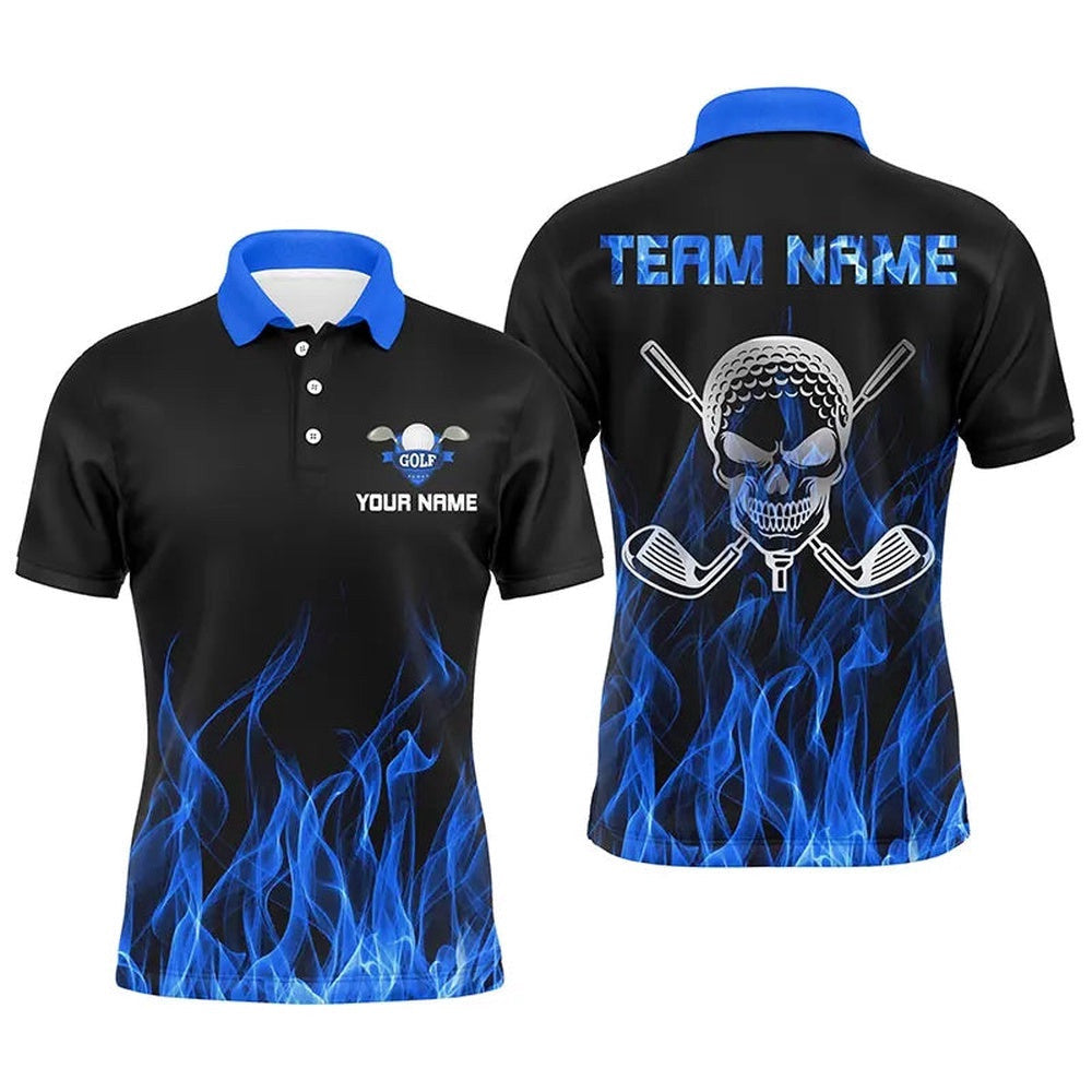 Black Men's Golf Polo Shirts Custom Blue Flame Skull Golf Clubs For Men, Golf Polo Shirt, Golf Shirts