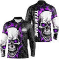 Custom Purple Flame Skull Bowling Shirts For Men, Bowling Team Long Sleeve Bowling Shirts, Personalized Bowling Team Shirt