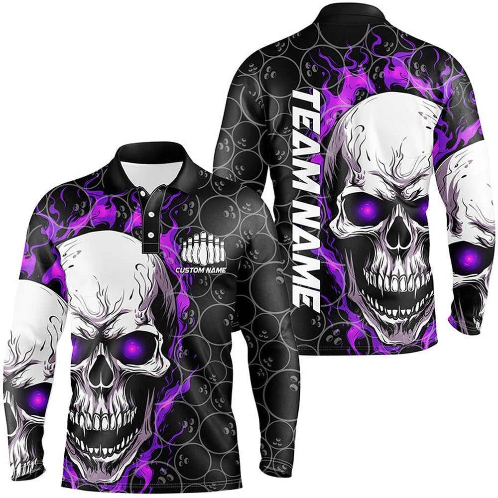 Custom Purple Flame Skull Bowling Shirts For Men, Bowling Team Long Sleeve Bowling Shirts, Personalized Bowling Team Shirt