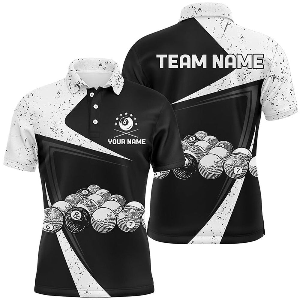 Black White Grunge Billiard Balls Polo Shirts, Custom 8 Ball Pool Team Shirts, Personalized Billiard Polo Shirt