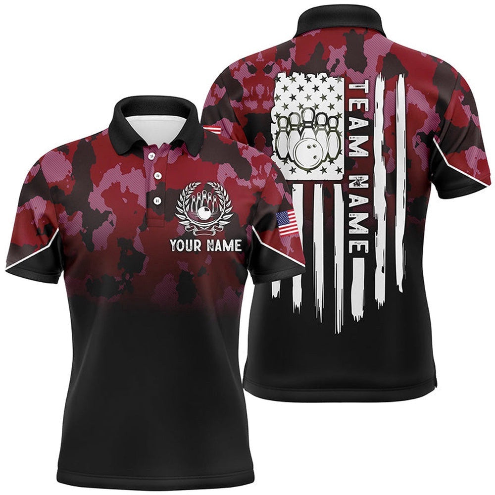 Black Red Camo Mens Polo Bowling Shirts Custom American Flag Patriotic Bowling Team League Polo Shirt, Personalized Bowling Team Shirt