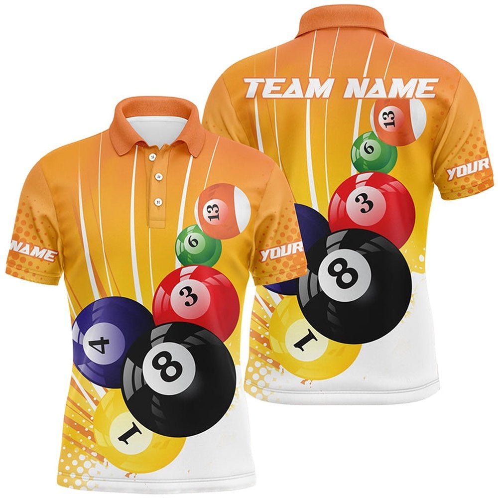 Custom Name Orange Billiard Balls 3D Printed Polo Shirts, Team For Pooler, Personalized Billiard Polo Shirt