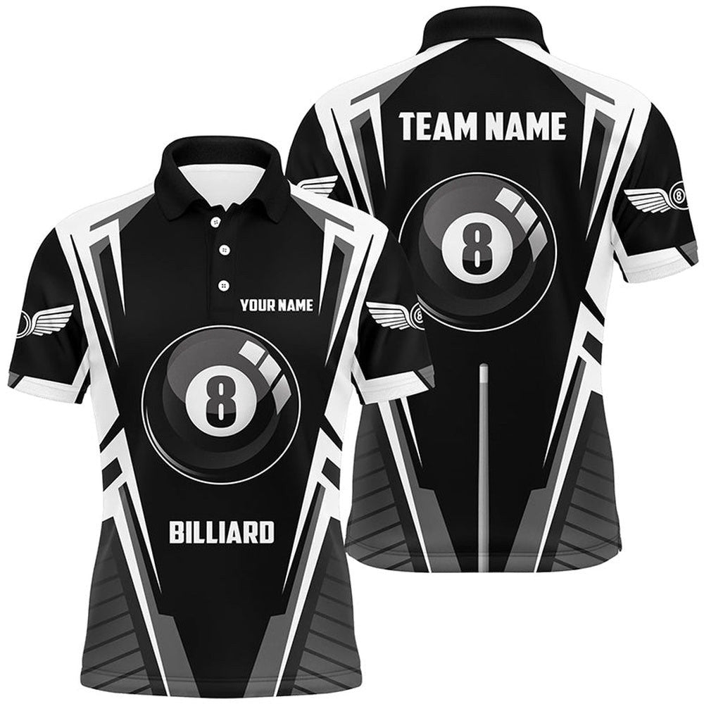 Black White 8 Ball Pool Polo Shirts, Custom 8 Ball Pool Billiards Team Shirts, Personalized Billiard Polo Shirt
