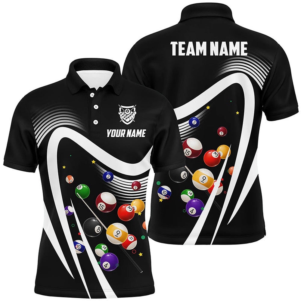 Black Sport Billiard Balls 3D Polo Shirts, Custom 8 Ball Billiard Team Polo, Personalized Billiard Polo Shirt