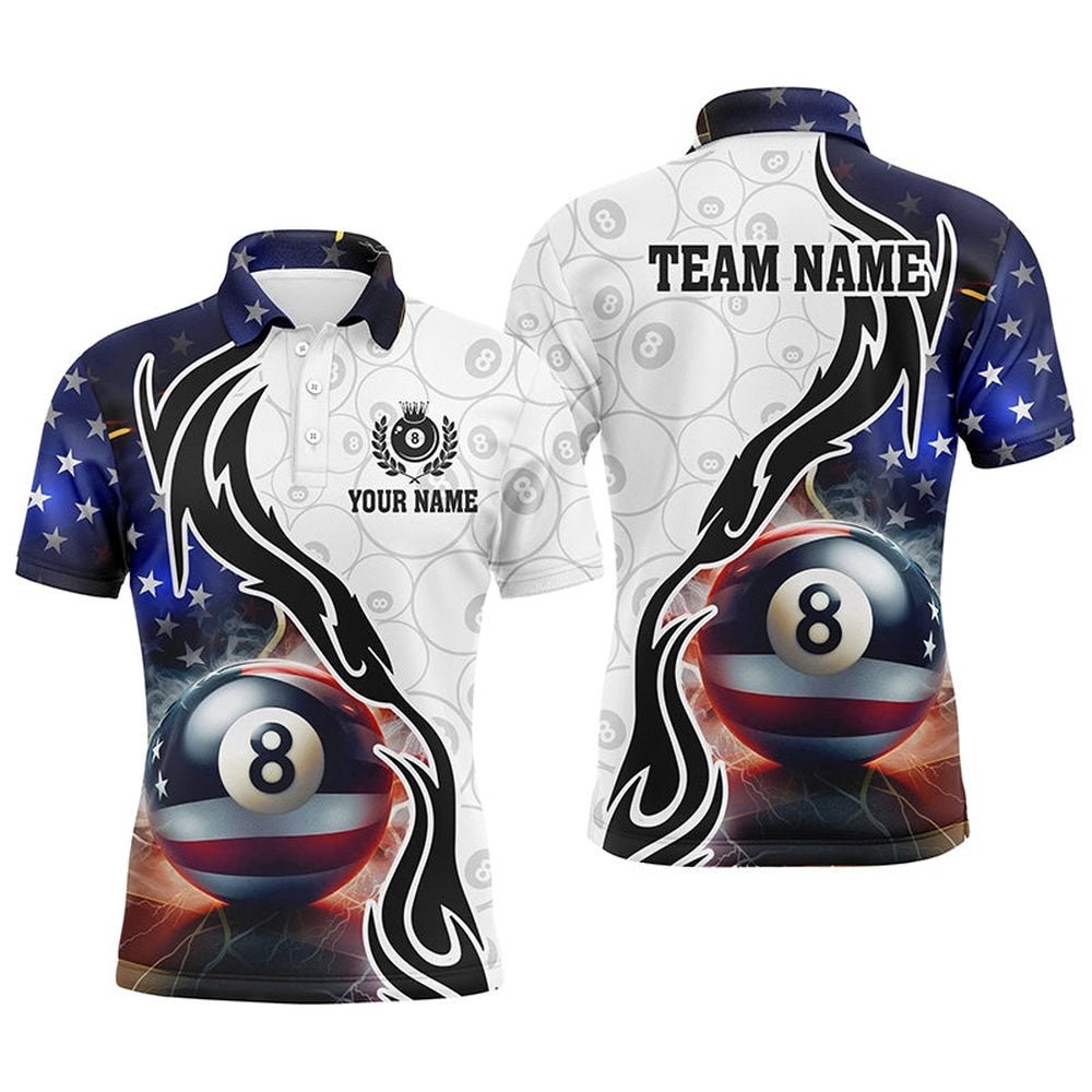 3D 8 Ball Pool Lightning US Flag Billiard Shirts, Patriotic Shirts For Pooler, Personalized Billiard Polo Shirt