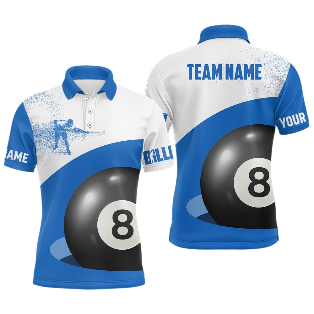3D Funny Billiard 8 Ball Pool Blue Polo Shirts, Custom Player Billiards Polo, Personalized Billiard Polo Shirt