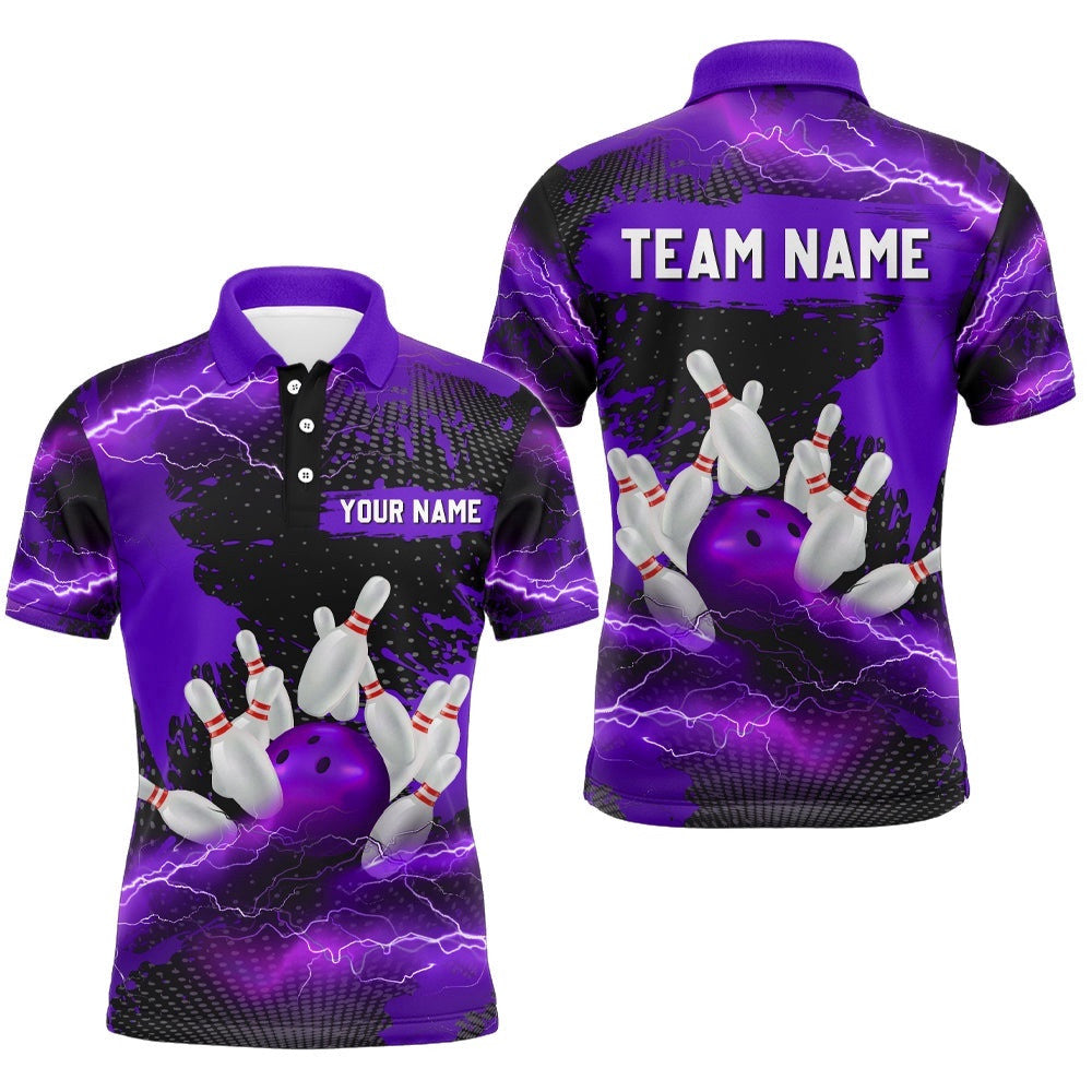Custom Purple Bowling Polo Shirts Men & Women Lightning Thunder Bowling Team Polo Shirt, Personalized Bowling Team Shirt