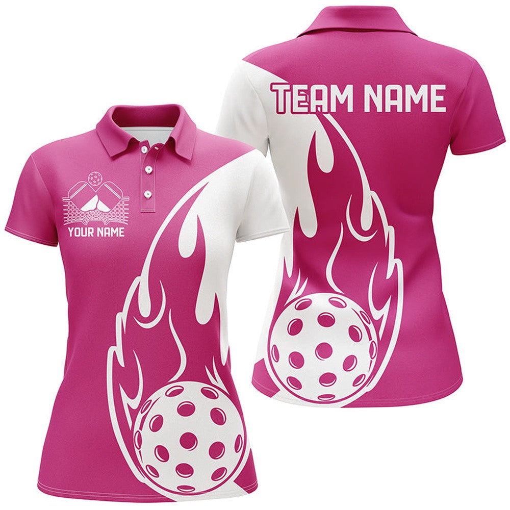 Custom Pink Flame Pickleball Shirts For Women, Pickleball Team Uniform Women's Outfit, Pickleball Polo Shirts