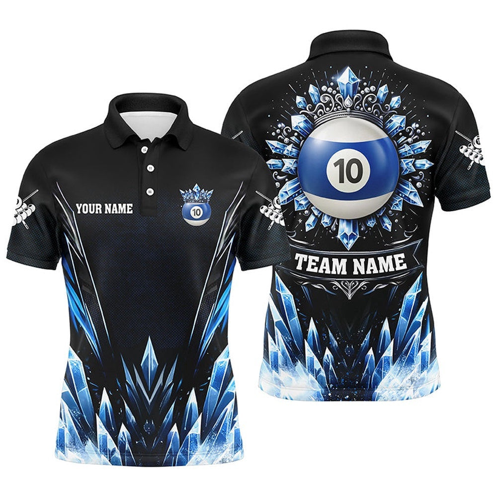 3D Blue Icy Funny 10 Ball Pool Crown Billiard Polo Shirts Custom Billiard Polo, Personalized Billiard Polo Shirt