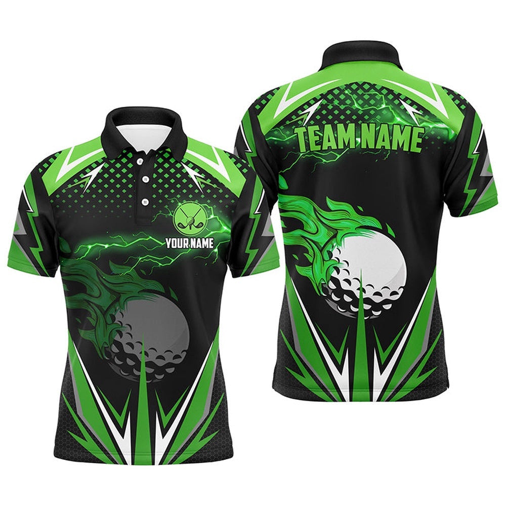 Black Men's Golf Polo Shirts Custom Green Fire Lightning Team Golf Jerseys, Golf Attire For Men, Golf Polo Shirt, Golf Shirts