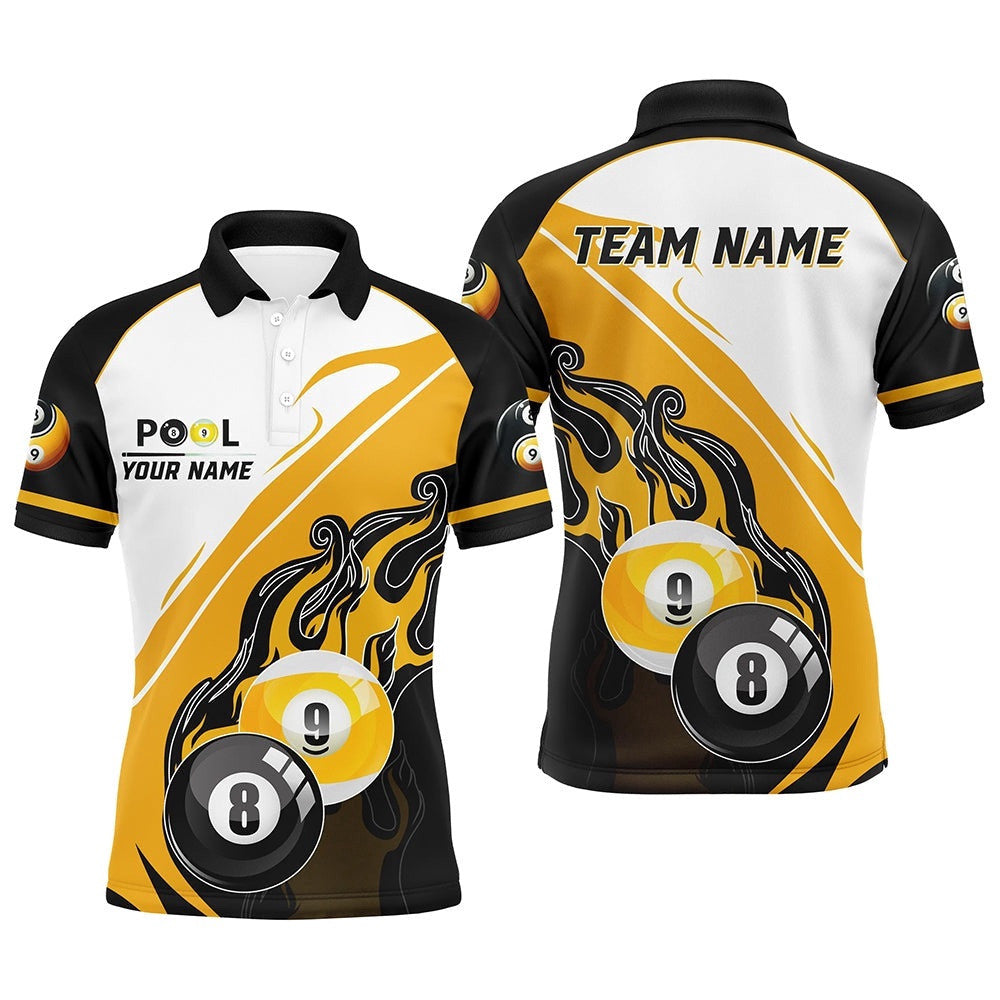 Black Yellow Billiard 8 Ball & 9 Ball Pool Polo Shirts, Billiard Attire Polo, Personalized Billiard Polo Shirt