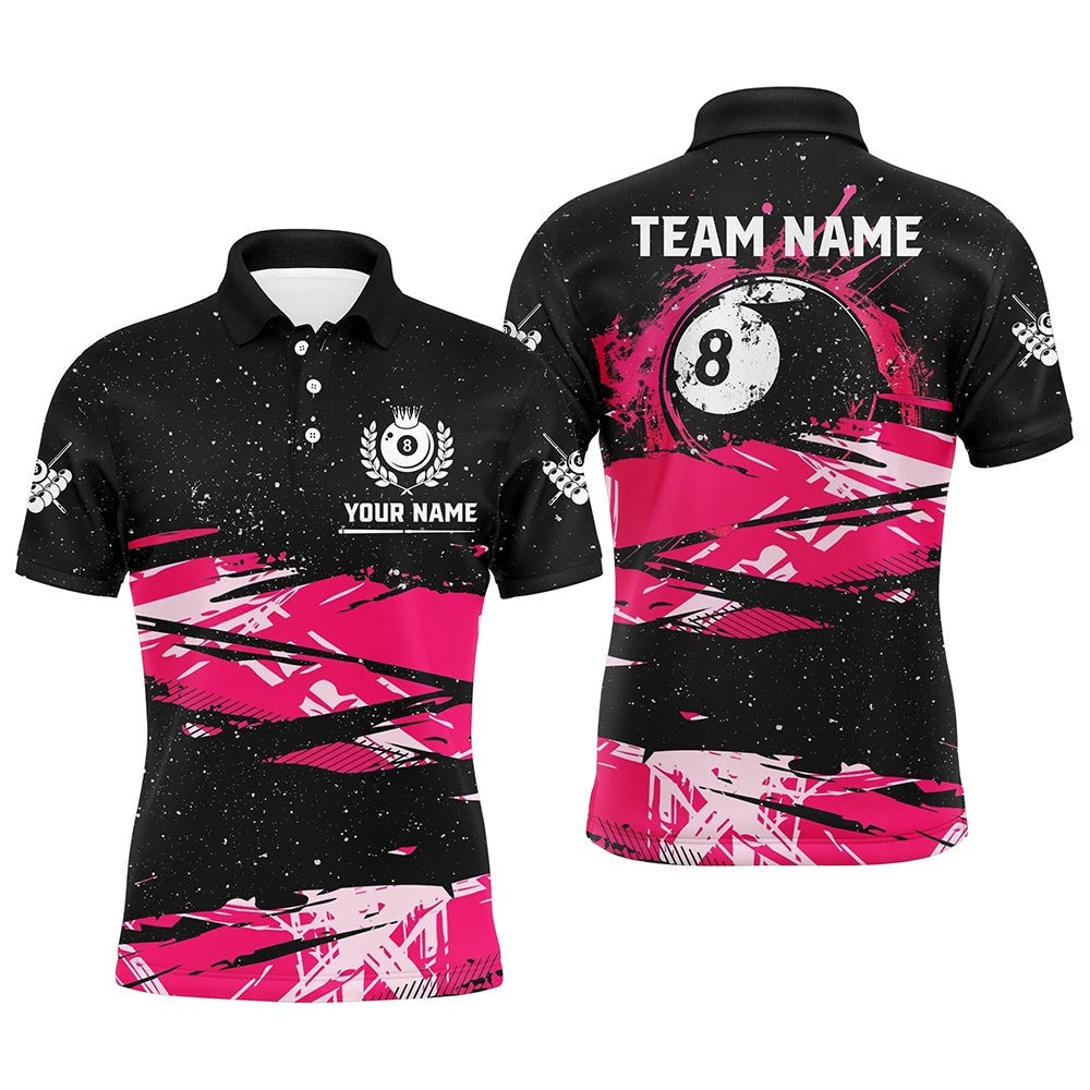 Custom Pink Grunge Billiard 8 Ball Pool Polo Shirts, Billiard Mother'S Day Pool Player Gifts, Personalized Billiard Polo Shirt