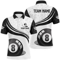 Black White Custom 8 Ball Pool Shirts For Billiard Player, Personalized Billiard Polo Shirt
