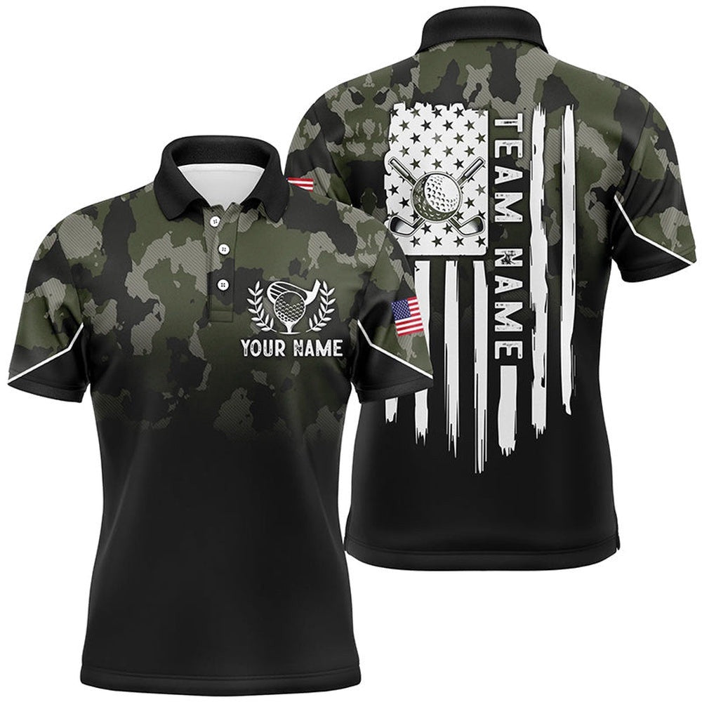 Black Men's Golf Polo Shirt Custom Green Camouflage American Flag Golf Shirt For Men's, Golf Polo Shirt, Golf Shirts