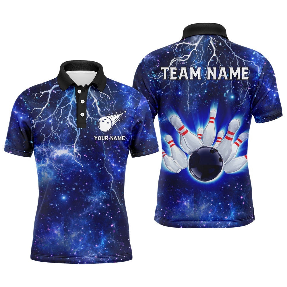 Custom Navy Bowling Polo Shirt For Men Lightning Thunder Bowling Polo Shirt Team League, Personalized Bowling Team Shirt
