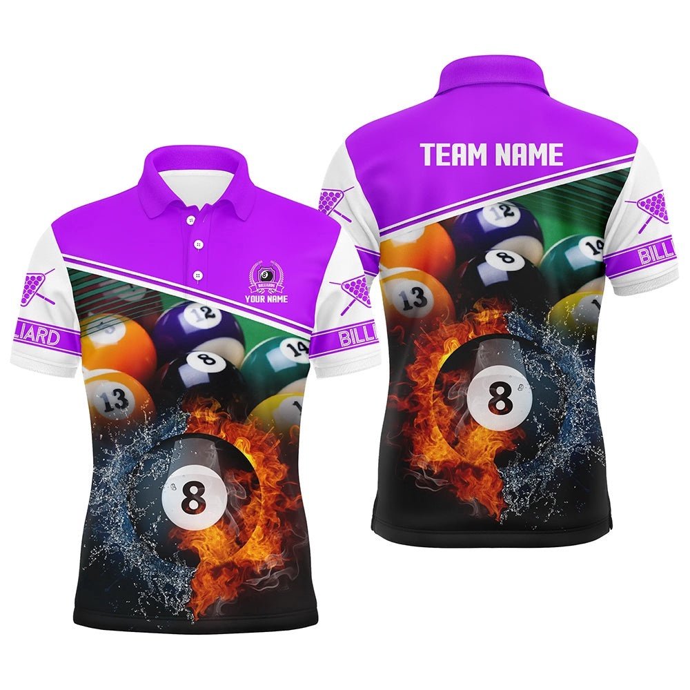 Custom Name Billiard 8 Ball In Fire And Water 3D Polo Shirts, Personalized Billiard Polo Shirt