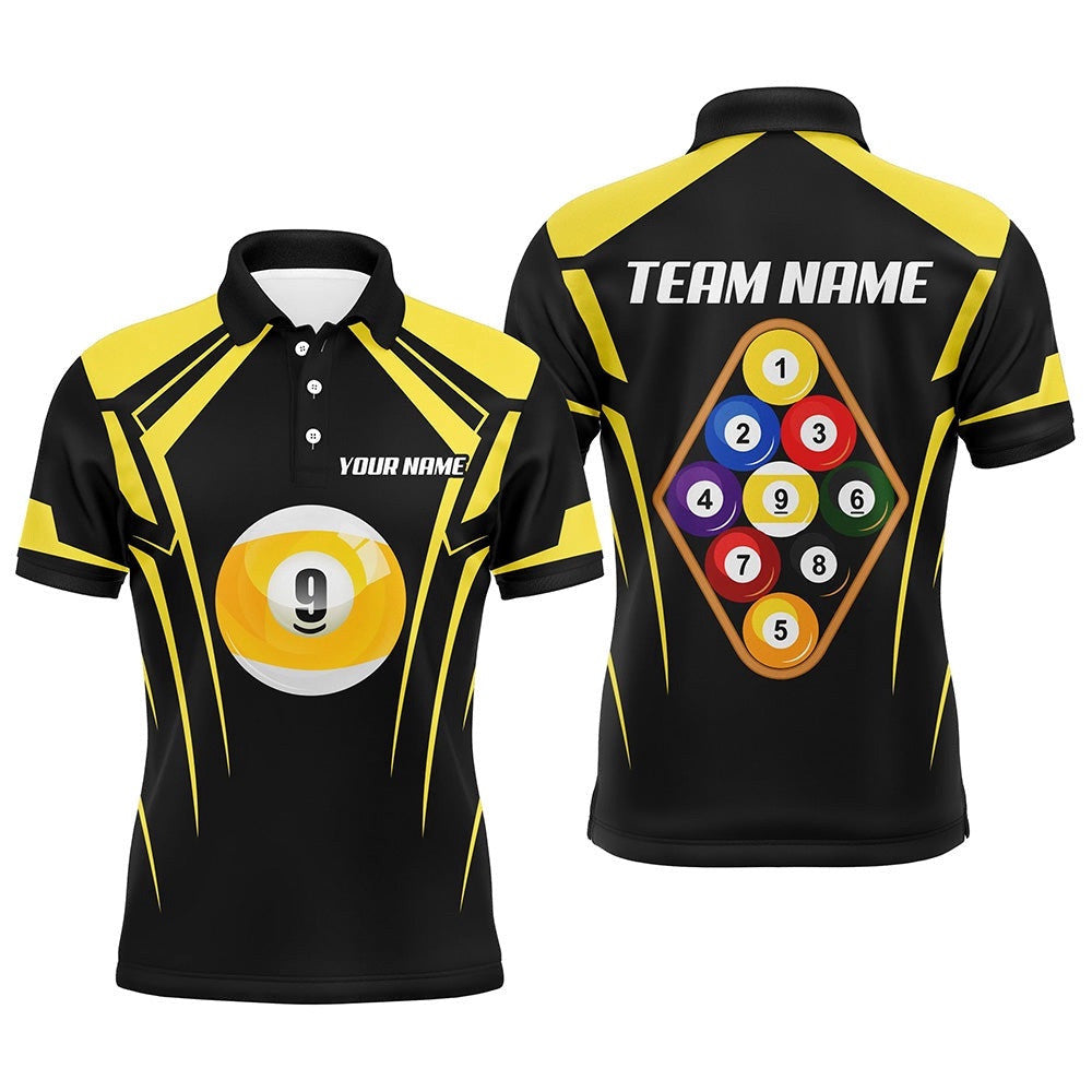 Black Yellow 9 Ball Pool 3D Polo Shirts, Custom Billiards 9 Ball Team Polo, Personalized Billiard Polo Shirt