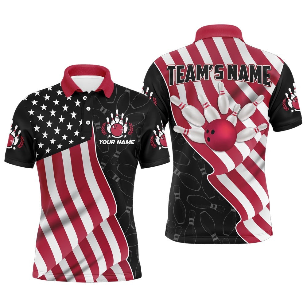 American Flag Bowling Shirts Men Team Bowling Polo Shirt Custom Black Bowling Polo Shirt, Personalized Bowling Team Shirt