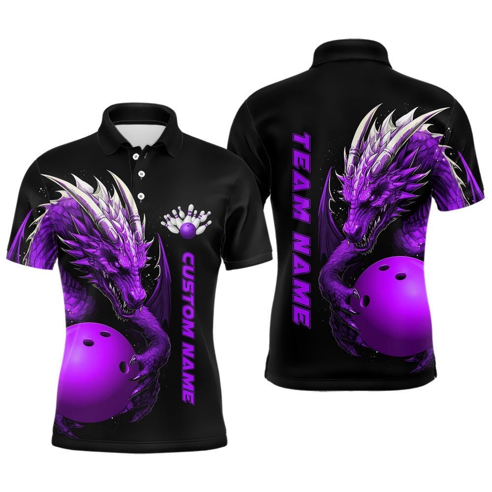 Custom Purple Dragon Men Bowling Polo Shirts Team Bowling Polo Shirt Bowling Apparel For Bowler, Personalized Bowling Team Shirt