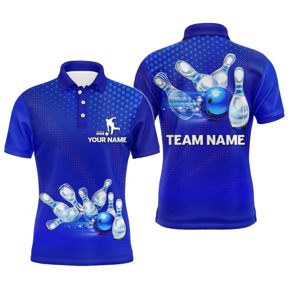 Blue Bowling Polo Shirts For Men Bowling Team League Polo Shirt Custom Bowling Shirts, Personalized Bowling Team Shirt