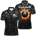 Black Retro Us Flag 8 Ball Fire Patriotic Pool Team Polo, Personalized Billiard Polo Shirt