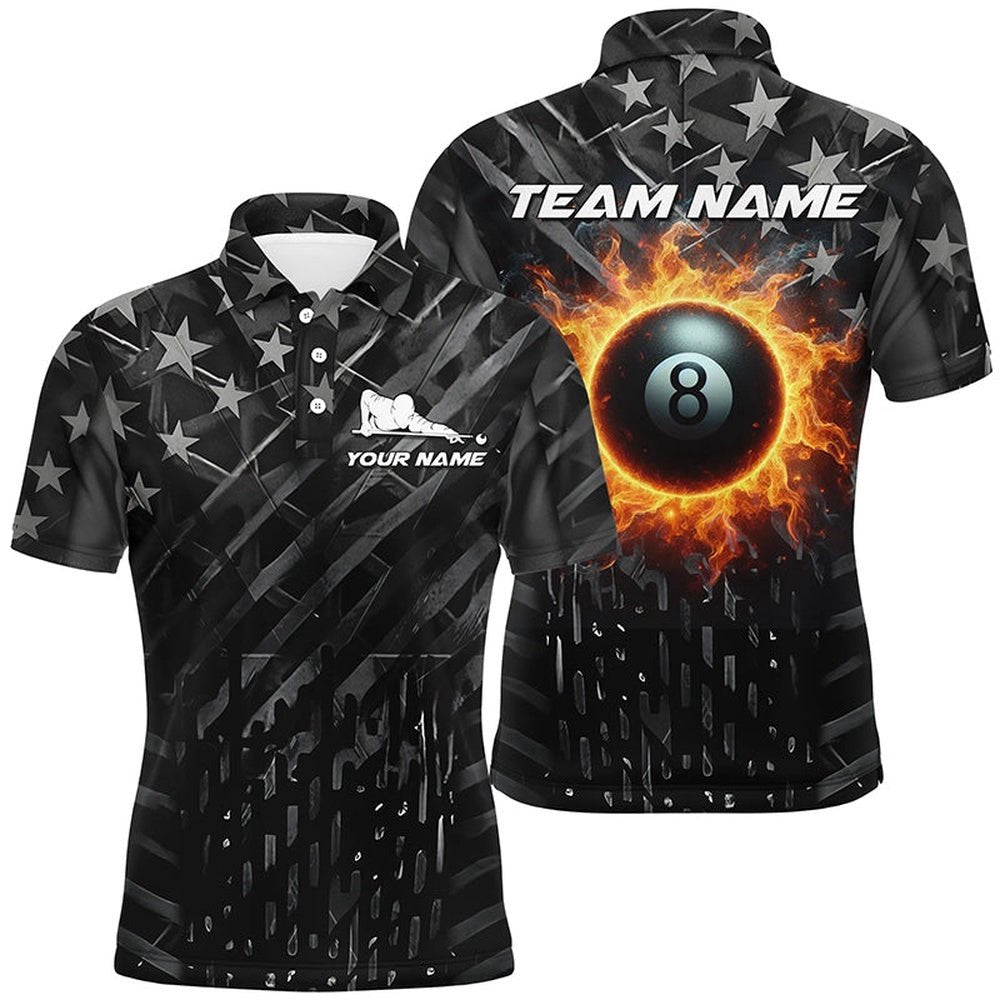 Black Retro Us Flag 8 Ball Fire Patriotic Pool Team Polo, Personalized Billiard Polo Shirt
