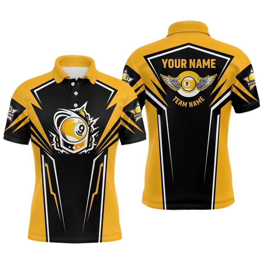 3D Funny Billiards Polo Shirts, Custom Name 9 Ball Pool Yellow Polo, Personalized Billiard Polo Shirt