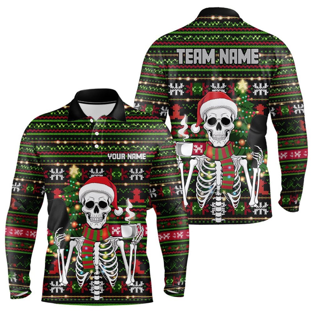 Custom Ugly Sweater Pattern Skull Christmas Pickleball Long Sleeve Polo Shirts For Men, Pickleball Polo Shirts