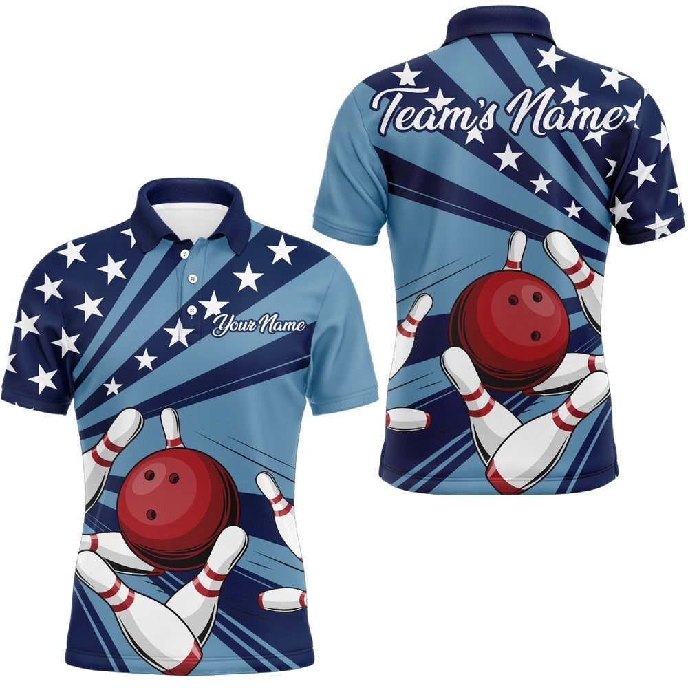 Custom Navy Bowling Polo Shirt For Men American Flag Bowling Team Shirt Bowling Polo Shirt, Personalized Bowling Team Shirt