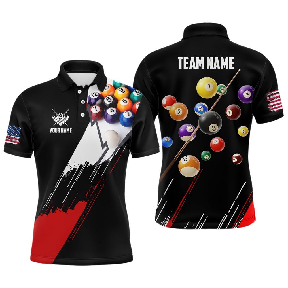 8 Ball Pool Player Black Red US Flag Billiard Polo, Personalized Billiard Polo Shirt