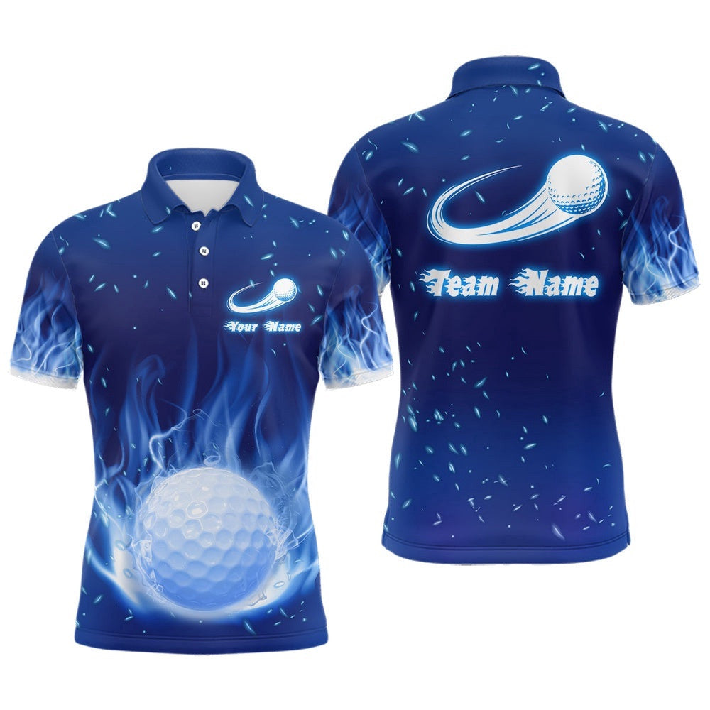 Blue Fire Flame Golf Ball Men's Polo Shirt Custom Golf Tops For Men Personalized Golf Gifts, Golf Polo Shirt, Golf Shirts