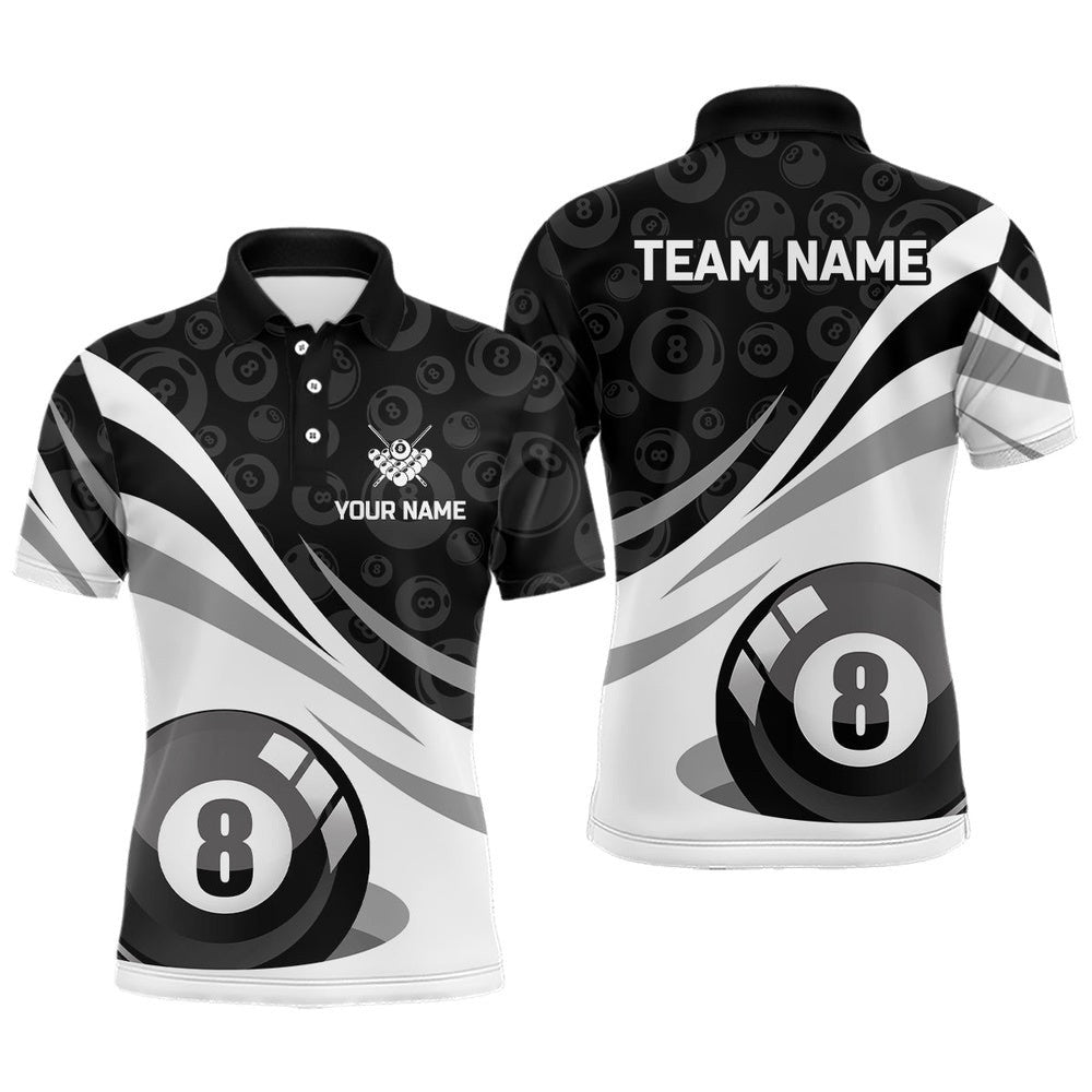 Black White 8 Ball Pool Billiard Polo Polo Shirts Custom Billiard Uniform, Personalized Billiard Polo Shirt