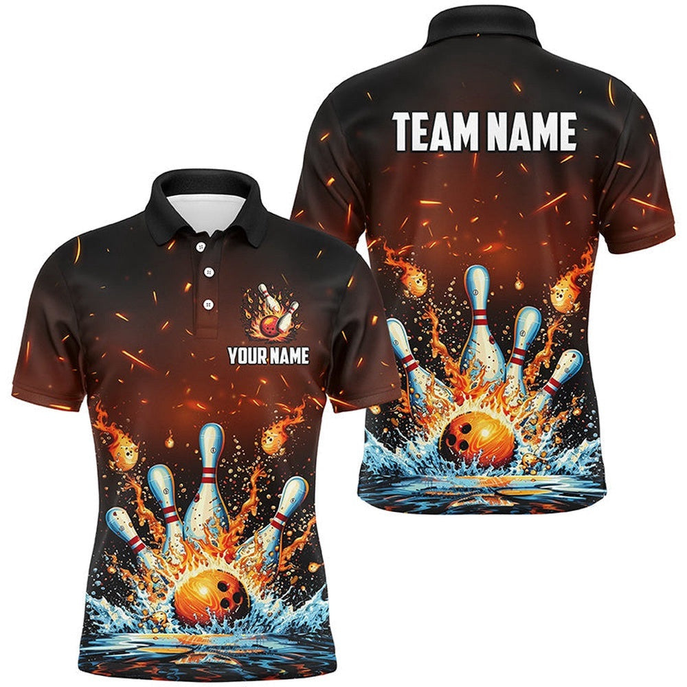 Fire And Water Bowling Ball Pins Polo Shirt Polo, Zip Shirt For Men Custom Flame Bowling Team Shirts, Personalized Bowling Team Shirt